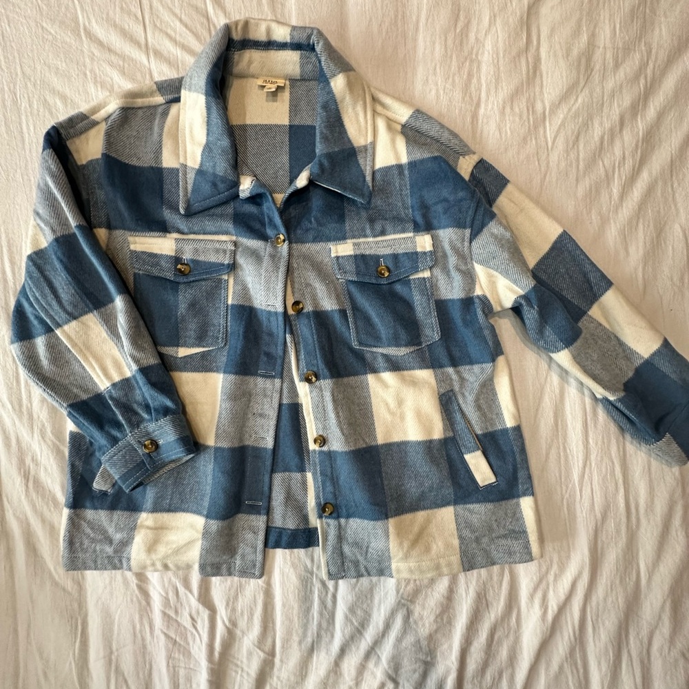 Women’s blue and white flannel Shacket